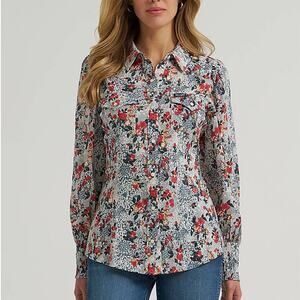 Wrangler Retro NWOT Green Floral Western Pearl Snap Slim Puff Sleeve Blouse